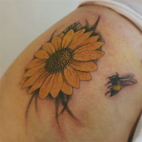 True Love Tattoo — Beautiful Sunflower And Bee Tattoo On Hip