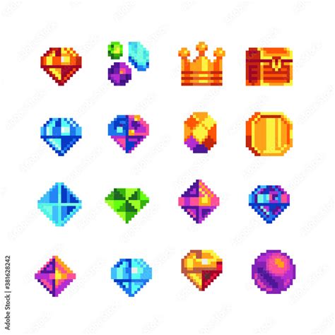 Precious Stone Pixel Art Icons Set Diamond Sapphire Topaz Gemstone Crown Chest And Gold