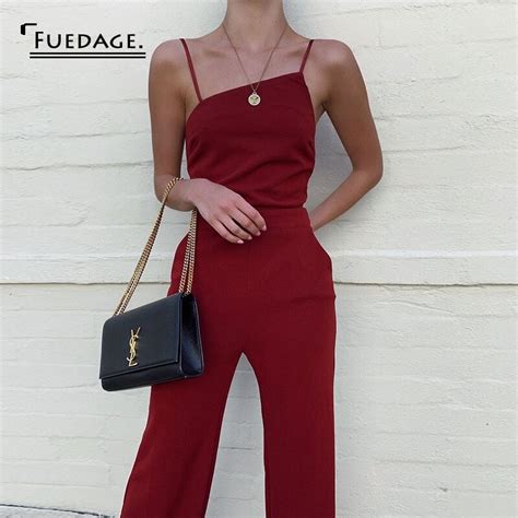 fuedage spring sexy jumpsuit rompers women spaghetti strap winered backless slim jumpsuits