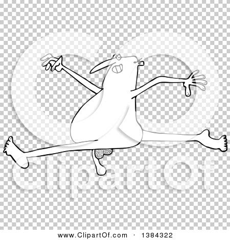 Clipart Of A Cartoon Black And White Lineart Carefree Nudec Man Leaping Royalty Free Vector