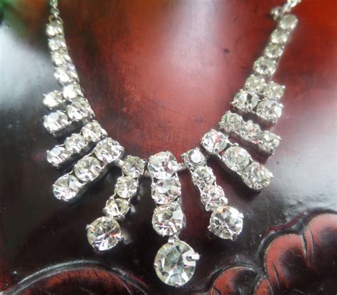 Rhinestone Faux Diamond Bib Necklace Silver Tone Metal Vintage Etsy