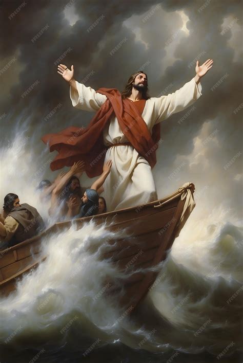 Premium Ai Image Jesus Christ On The Boat Calms The Storm At The Sea