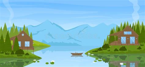 Summer Mountain Calm Landscape With Modern Wooden Houses By Lake Pine
