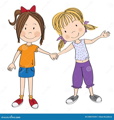 Two Happy Girls Holding Hands Smiling Best Friends Original Hand
