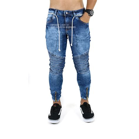 Calça Masculina Jeans Sarja Skinny Slim Rasgada Zíper Lycra Azul Compre Agora Dafiti Brasil