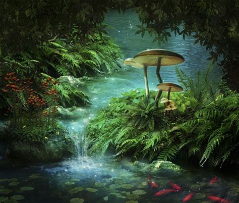 Fantastic River And Pond With Red Fishes And Mushrooms Wall Mural
