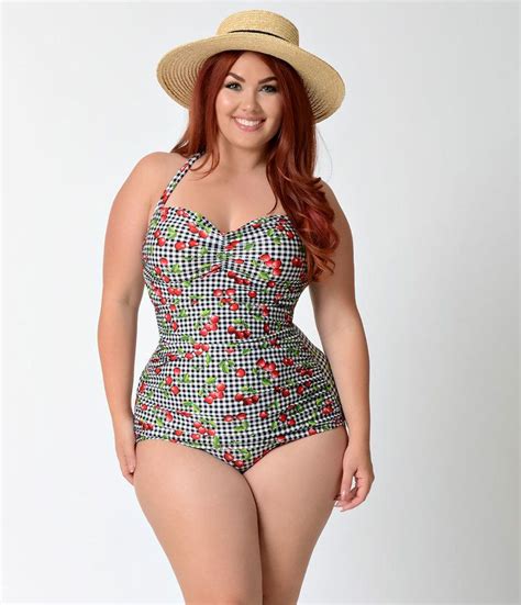 Bettie Page Plus Size Black White Gingham Cherry Print Swimsuit Plus Size Fashion For Women