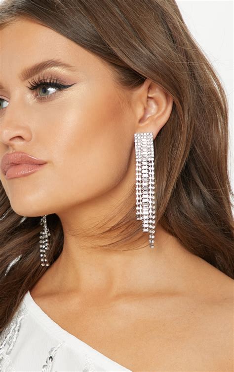 Silver Diamante Long Drop Earrings Prettylittlething Usa