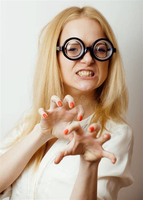 Young Blond Teenage Girl In Big Glasses Fool Around Having Fun Student