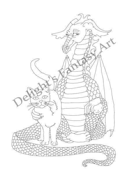 Dragon Coloring Page Dragon Coloring Dragon And Cat Cat And Etsy