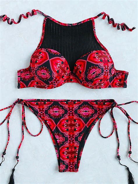 Red Printed Contrast Net Bustier Bikini Set Bikinis Bustier Bikini