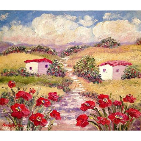 French Country Provence Red Poppies Original Oil Painting By Artist
