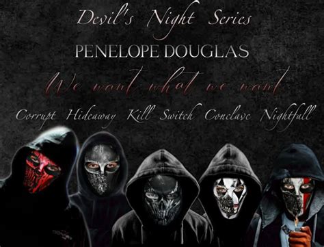 Five Masked People In Black Hoods And Masks With The Words Devils Night Series Penelope Douglas