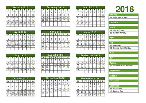 2016 Yearly Calendars With Holidays Activity Shelter