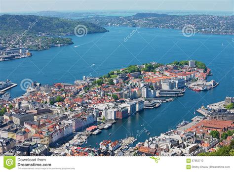 View To The Buildings And Harbor From Floyen Hill In Bergen Norway