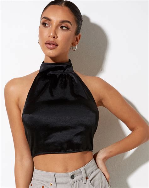 Noela Crop Top In Satin Black High Neck Top Outfit Black High Neck