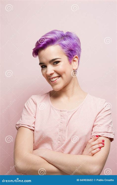 Violet Short Haired Woman In Pink Pastel Laughing Stock Photo Image