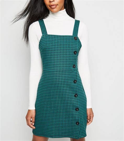 Green Gingham Button Side Pinafore Dress New Look Pinafore Dress