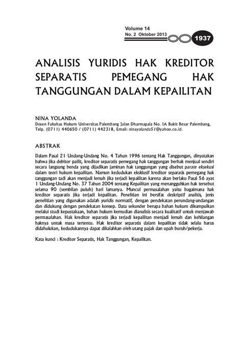 PDF ANALISIS YURIDIS HAK KREDITOR SEPARATIS PEMEGANG HAK TANGGUNGAN