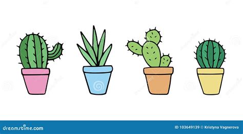 Cute Cactus In Pot Set Stock Vector Illustration Of Orange 103649139