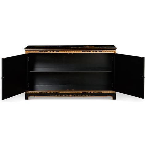 Black Lacquer Chinoiserie Scenery Motif Oriental Cabinet