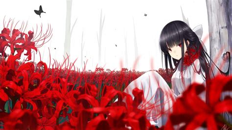 Red Eyes Anime Girl Butterfly Flowers Black Hair