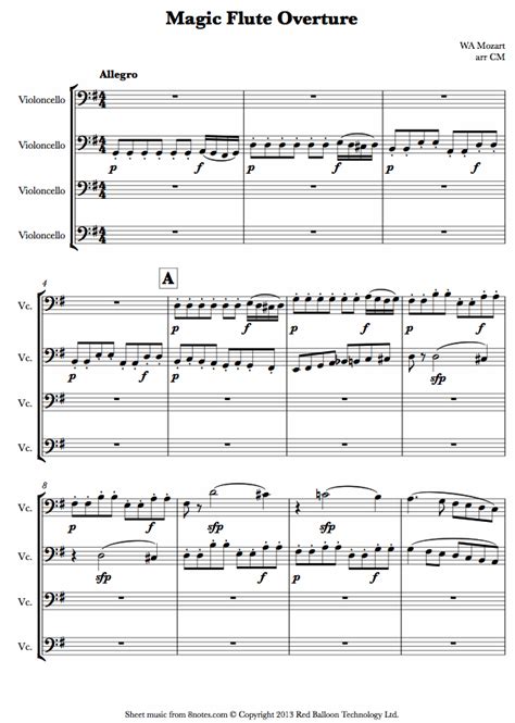 Mozart Magic Flute Overture Sheet Music For Cello Quartet