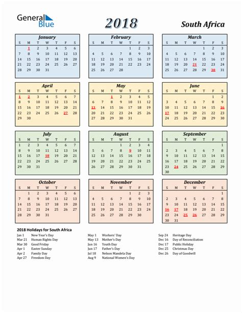 2018 South Africa Calendar With Holidays
