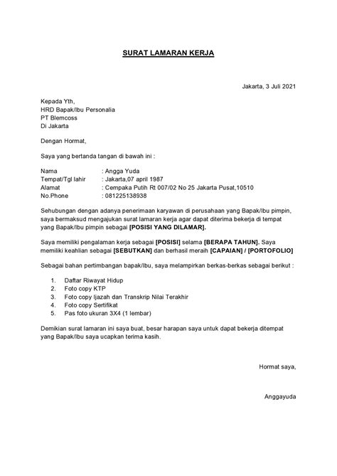 Contoh Surat Permohonan Kerja Dalam Bahasa Melayu - buickcafe.com