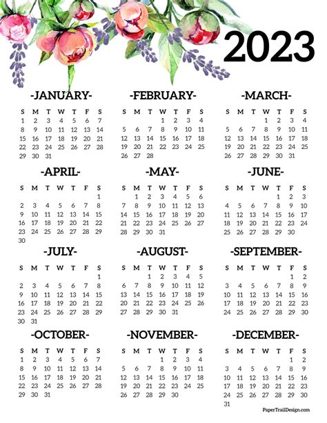 2023 One Page Cute Free Calendar Printable Floral Yesmissy