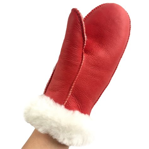 Womens Real Sheepskin Lined Mittens With Bright Red Leather Exterior