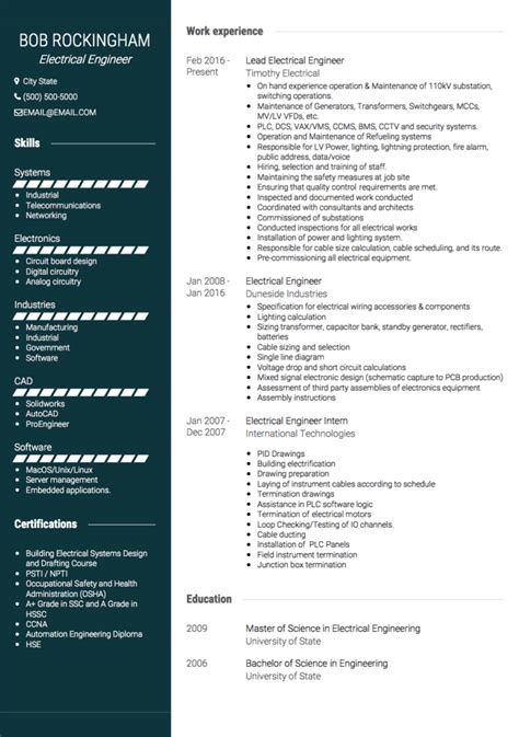 Electrical engineer, able to work both independently and collaboratively in a variety of settings, conditions, and environments. Electrical Engineer CV Examples & Templates | VisualCV
