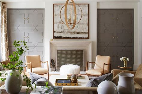 Cream And Gray Living Room With Gray Quatrefoil Cabinet