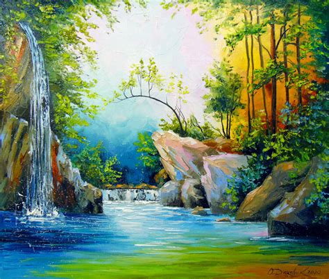 In The Forest By The Waterfall By Olha Darchuk 2020 Painting Oil On