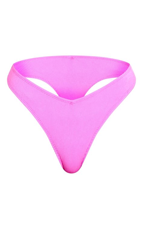 Hot Pink Ribbed V Front Thong Bikini Bottoms Prettylittlething Aus