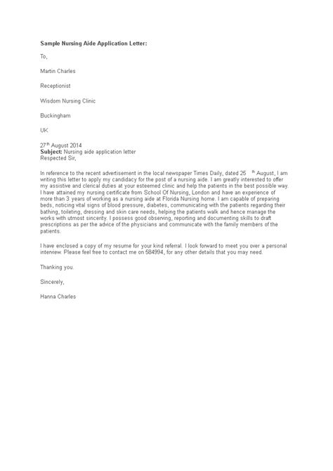 A job application letter, also known as a cover letter, should be sent or uploaded with your resume when applying for jobs. Sample Nursing Aide Job Application Letter | Templates at ...
