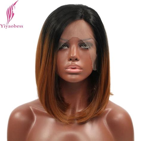 Yiyaobess 14inch Heat Resistant Short Bob Wigs For Women Straight Black Brown Ombre Front Lace