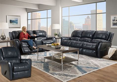 Mercury Leather Reclining Sofa Set Navy Blue Home Furniture
