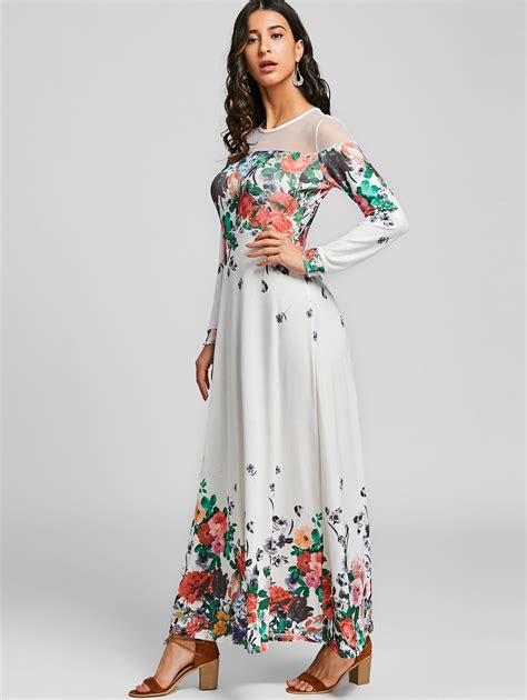 Gamiss Women 2018 Spring Mesh Insert Floral Printed Maxi Dress Casual