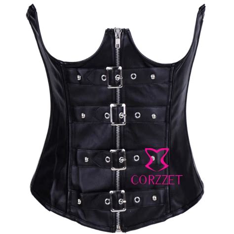 metal buckle zipper front faux leather underbust corset black waist trainer cincher tummy slim
