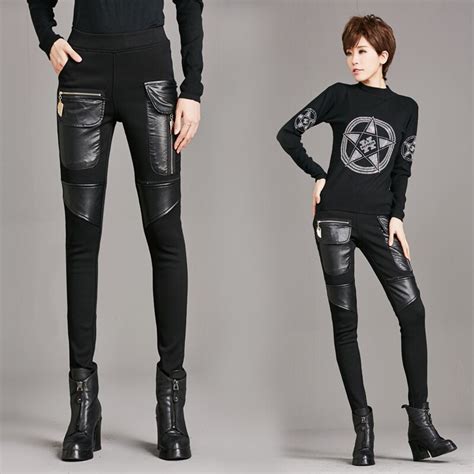 New 2018 Women Fashion Patchwork Pu Leather Elastic Pencil Pants Pockets Zip Velvet Legging