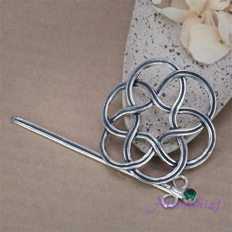 Green Spinel Celtic Knot Bridal Hair Slide Pin Silver Irish Shawl Pin