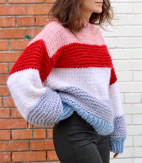Striped Oversized Chunky Sweater Merino Wool Handmade In Nyc Usa