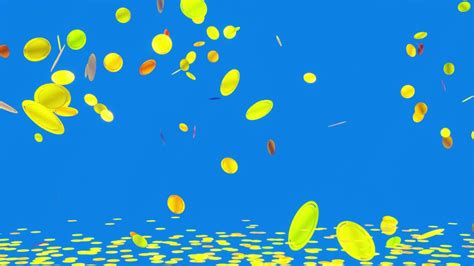 Animated Bursts Of Falling Golden Coins Blue Background Clipstock