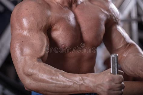 Torso Of A Strong Man Who Is Engaged In Bodybuilding On Simulators
