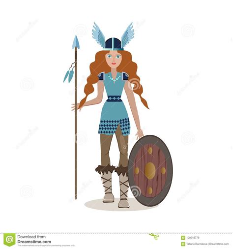 Viking Cartoon Character Valkyrie With Spear And Shield Vector Stock