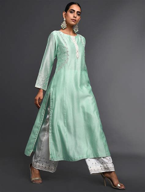 Buy Mint Green Zari Embroidered Silk Chanderi Kurta Women Kurtas Online