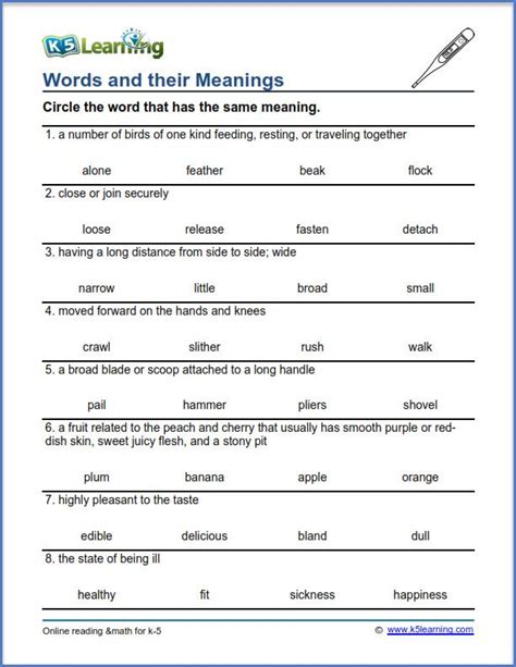 Shades Of Meaning Worksheets K5 Learning Grade 3 Vocabulary Words And