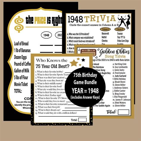 75th Birthday Games Black And Gold Games 1948 Trivia Game Who Knows