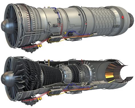 Complete And Sectioned Afterburning Turbofan Engine 3d